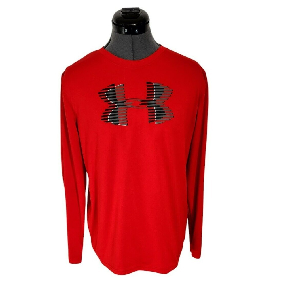 Under Armour Boys Red HeatGear Long Sleeve Graphic Logo Performance Shirt